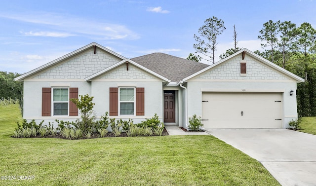 350 Sunset Point Dr, Ormond Beach, FL 32174 - view of front of house featuring a garage, a front lawn, concrete driveway, stucco siding, and a shingled roof