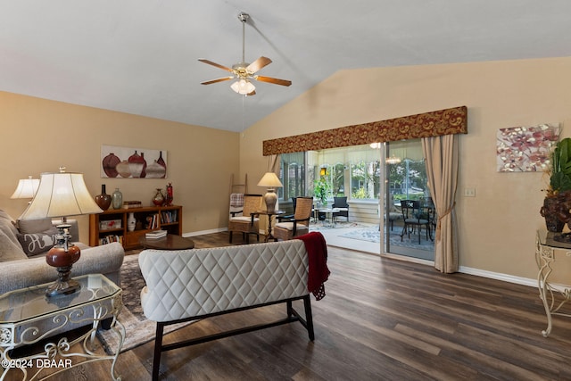 living room with dark hardwood / wood-style flooring, lofted ceiling, and ceiling fan