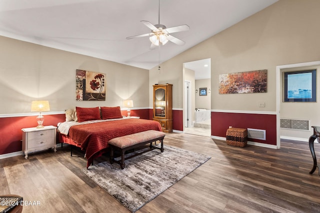 bedroom featuring ceiling fan, ensuite bath, high vaulted ceiling, and wood-type flooring