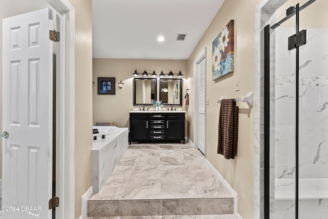 bathroom featuring shower with separate bathtub and vanity