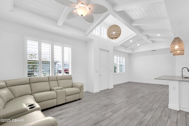 232 Ocean Hammock Loop, Daytona Beach, FL 32124 - living area with recessed lighting, light wood-style floors, baseboards, lofted ceiling with beams, and ceiling fan