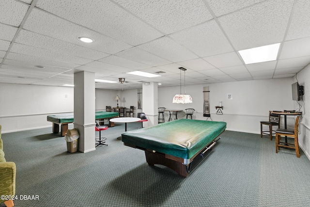 playroom with pool table, carpet, and a drop ceiling