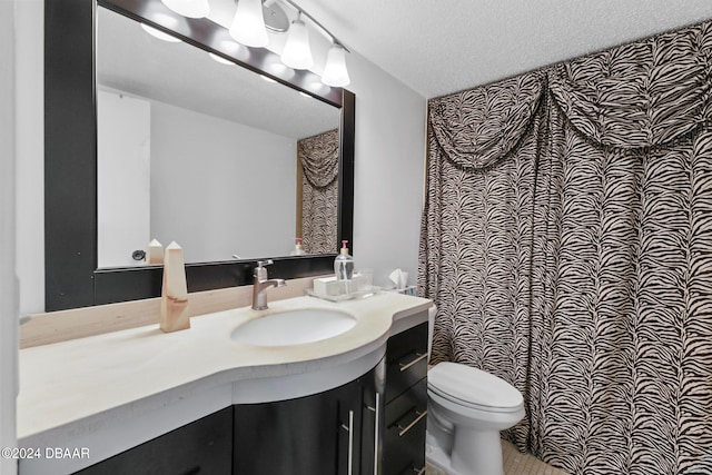 bathroom with toilet, vanity, and a textured ceiling