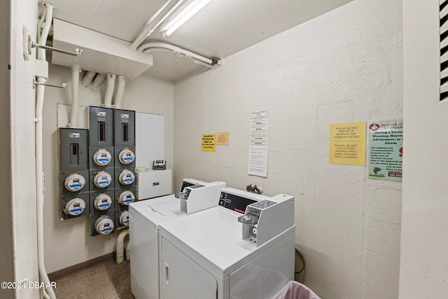 laundry room featuring electric panel and separate washer and dryer