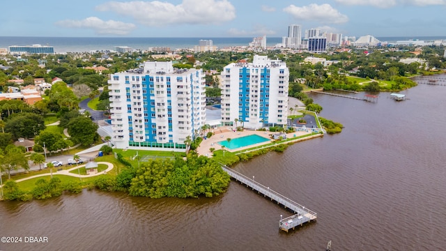 aerial view featuring a water view