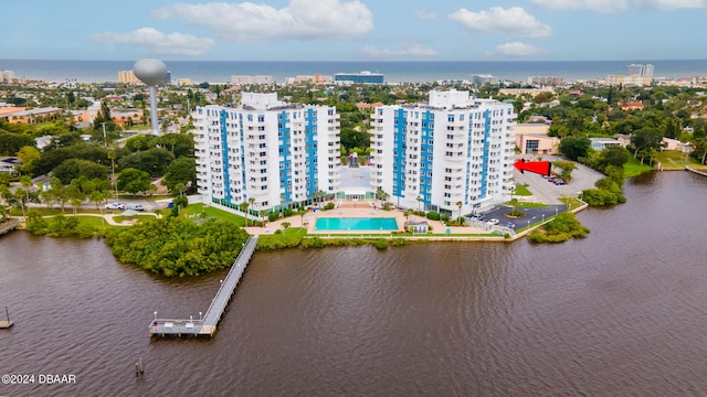 drone / aerial view featuring a water view