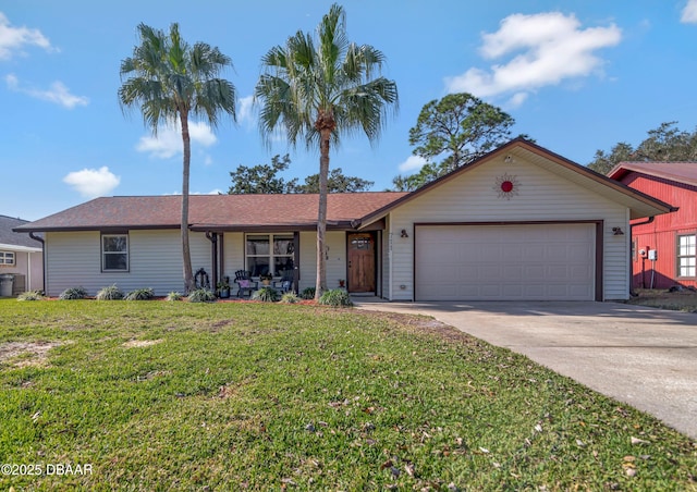 single story home with a garage and a front lawn