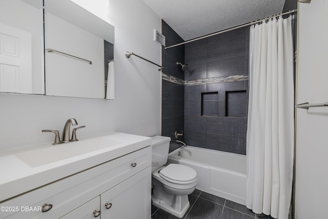 full bathroom featuring a textured ceiling, tile patterned flooring, vanity, toilet, and shower / bath combo with shower curtain