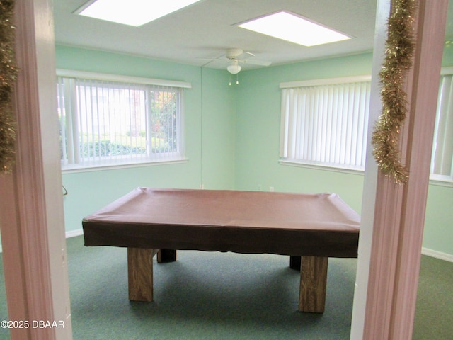 rec room with carpet floors, baseboards, a ceiling fan, and pool table