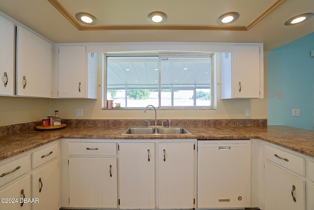 kitchen featuring white cabinets, sink, white dishwasher, and crown molding