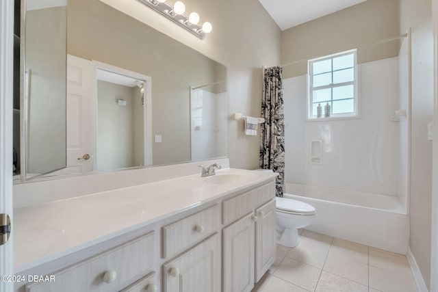 full bathroom with shower / tub combo with curtain, vanity, toilet, and tile patterned flooring