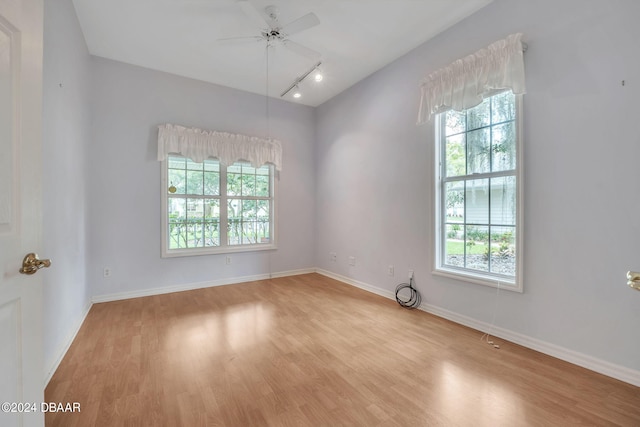 spare room featuring a wealth of natural light, ceiling fan, and light hardwood / wood-style flooring