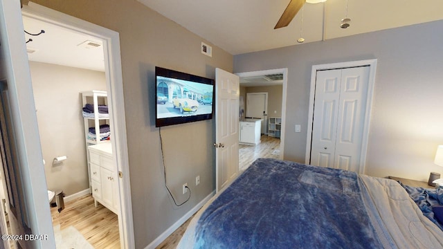 bedroom featuring ceiling fan, a closet, and light hardwood / wood-style floors