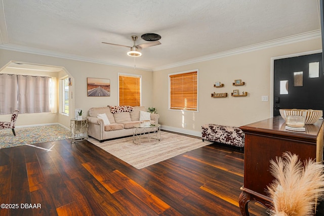 living room with hardwood / wood-style floors, ceiling fan, ornamental molding, and a textured ceiling