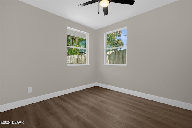 empty room with wood-type flooring and ceiling fan