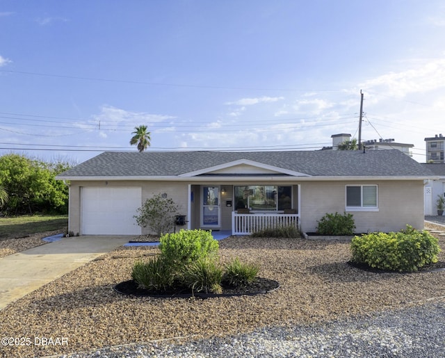 9 San Jose Cir, Ormond Beach, FL 32176 - ranch-style home with a porch, driveway, a shingled roof, an attached garage, and brick siding