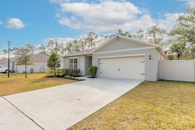 single story home featuring a garage and a front yard