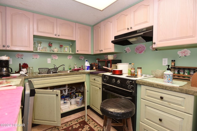 kitchen with black appliances and a textured ceiling