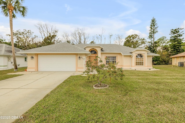 ranch-style home with a garage, a front yard, and cooling unit