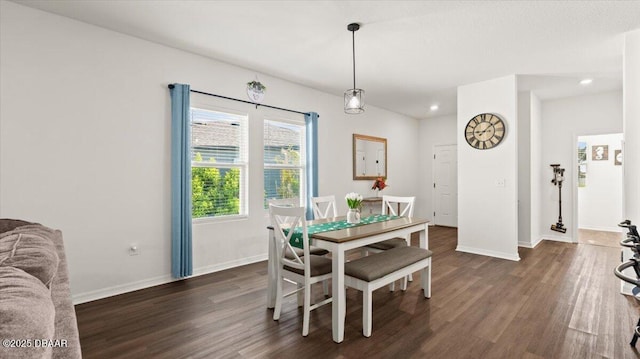 dining space featuring dark wood-style floors, recessed lighting, and baseboards