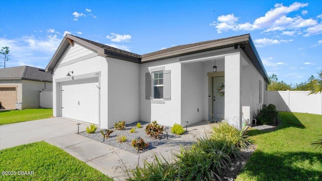 ranch-style house featuring stucco siding, driveway, fence, a front yard, and a garage