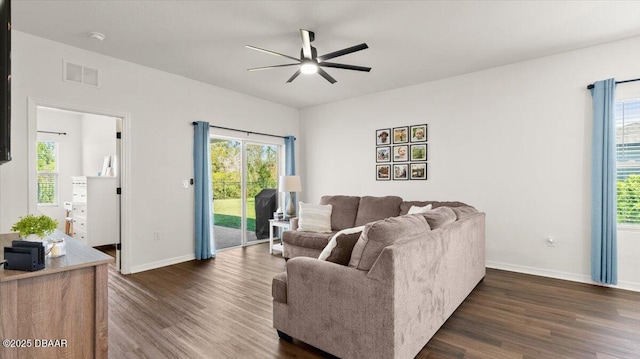 living area featuring a wealth of natural light, visible vents, a ceiling fan, and dark wood-style flooring