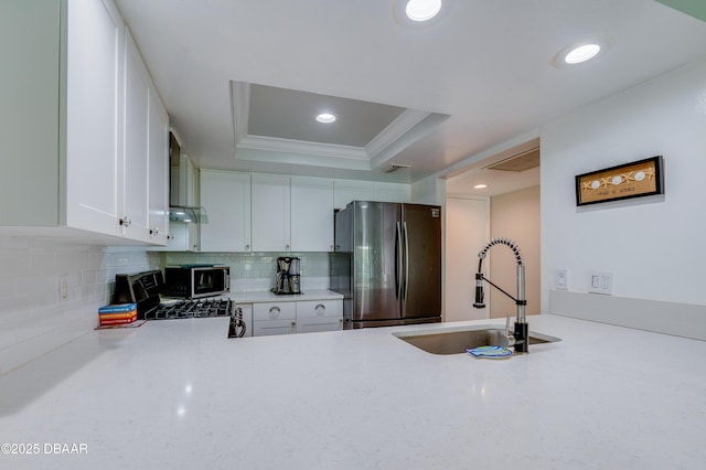 113 Club House Blvd, New Smyrna Beach, FL 32168 - kitchen featuring a tray ceiling, a sink, stainless steel appliances, visible vents, and decorative backsplash
