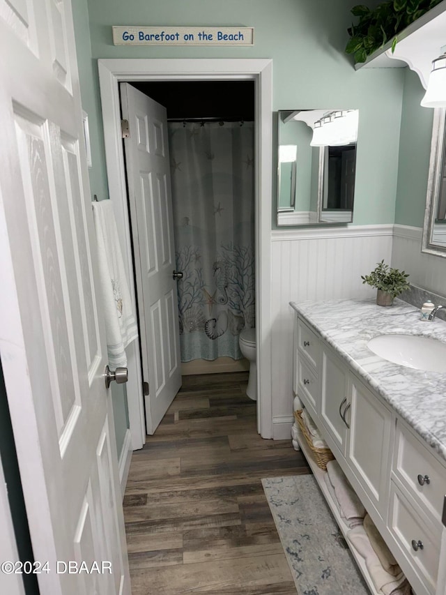 bathroom with wood-type flooring, toilet, vanity, and a shower with curtain