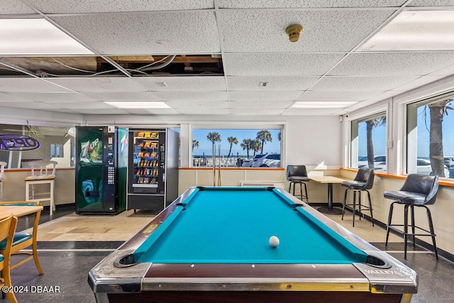 recreation room with a paneled ceiling and billiards