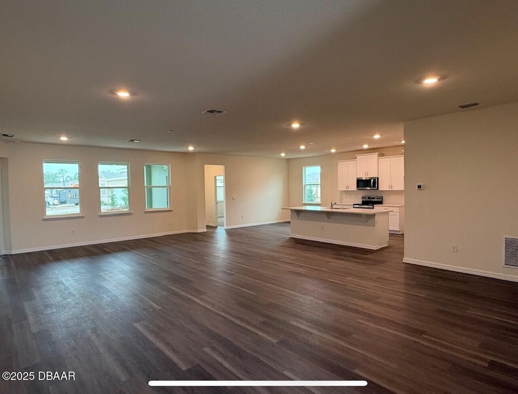 unfurnished living room featuring sink and dark wood-type flooring