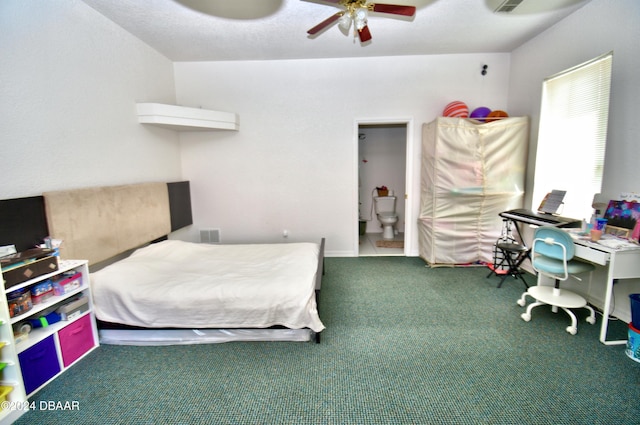 bedroom featuring ensuite bath, ceiling fan, and carpet floors