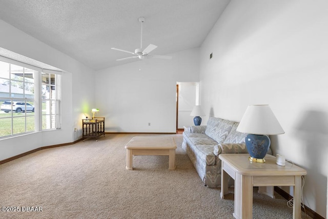 carpeted living room with a textured ceiling, high vaulted ceiling, a ceiling fan, and baseboards