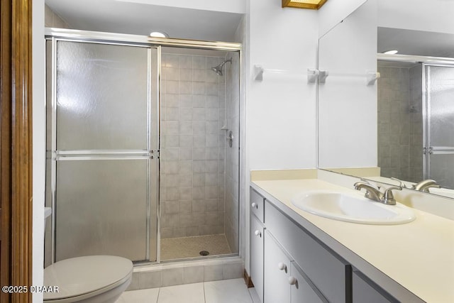 bathroom with toilet, a stall shower, tile patterned flooring, and vanity