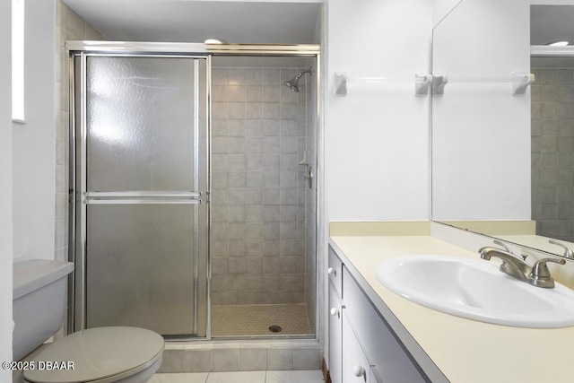 full bathroom with toilet, a shower stall, and vanity