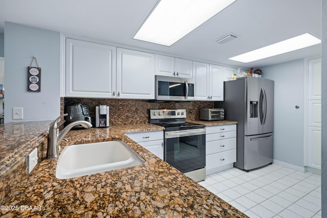 kitchen with appliances with stainless steel finishes, backsplash, a sink, white cabinetry, and visible vents
