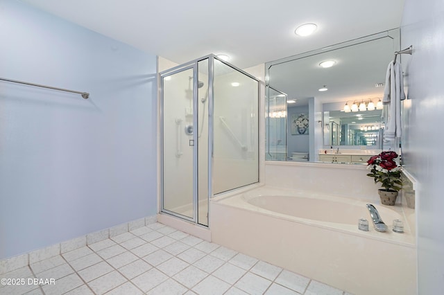 full bath with a garden tub, a shower stall, recessed lighting, and tile patterned flooring