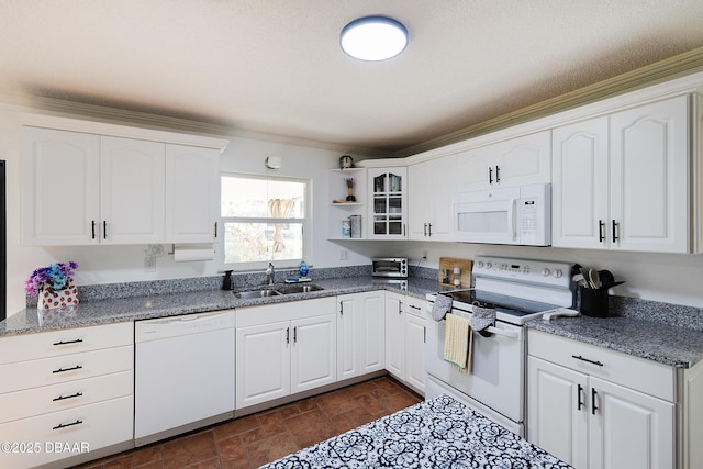 kitchen featuring white cabinetry, sink, white appliances, and ornamental molding