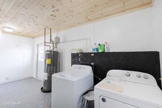 laundry area with washing machine and clothes dryer, water heater, and wood ceiling