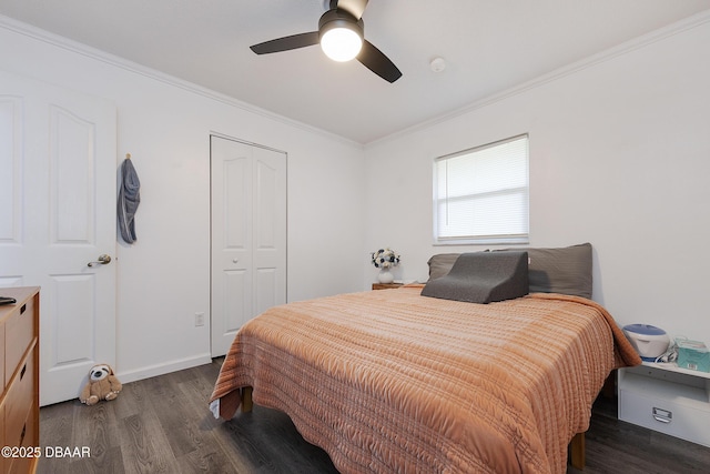 bedroom with ceiling fan, dark hardwood / wood-style floors, a closet, and crown molding