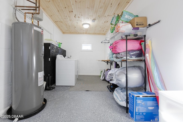 clothes washing area with independent washer and dryer, wooden ceiling, and electric water heater