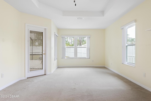 carpeted spare room with a tray ceiling