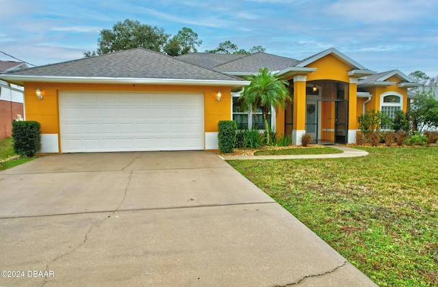 single story home with a front yard and a garage