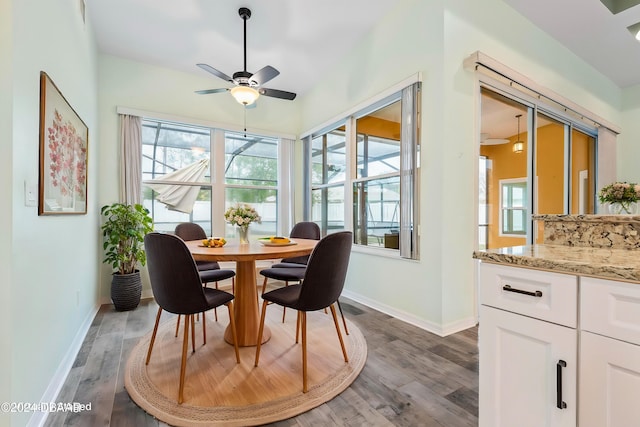 dining area featuring ceiling fan and dark wood-type flooring