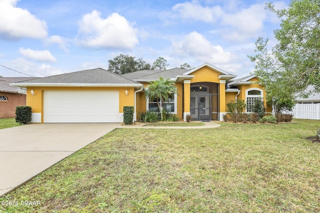 ranch-style home featuring a front yard and a garage