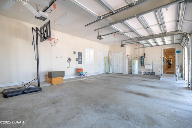 garage with a garage door opener, water heater, and electric panel