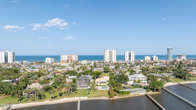 aerial view featuring a water view