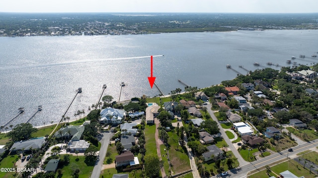 aerial view with a water view and a residential view