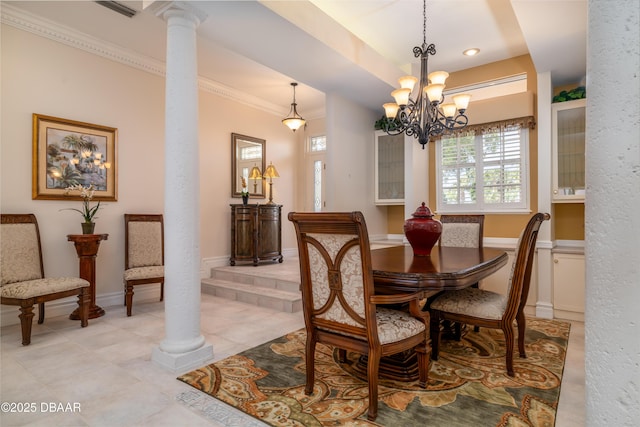 dining area with a chandelier, decorative columns, light tile patterned floors, ornamental molding, and visible vents