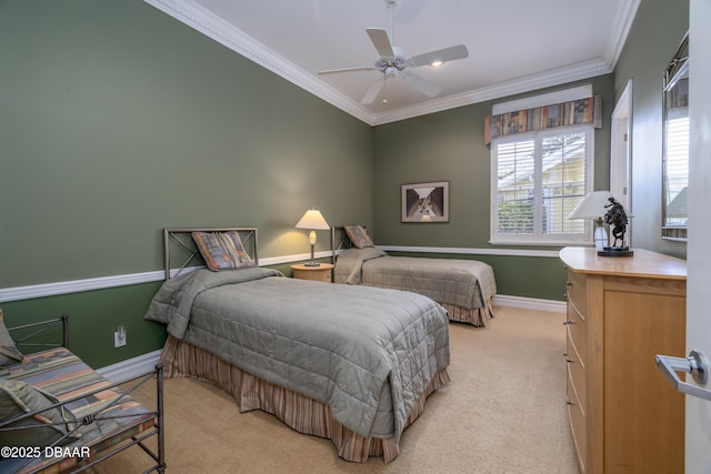bedroom featuring baseboards, ornamental molding, and light carpet