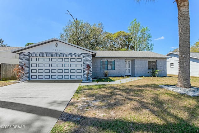 single story home with a front yard, fence, driveway, a garage, and brick siding